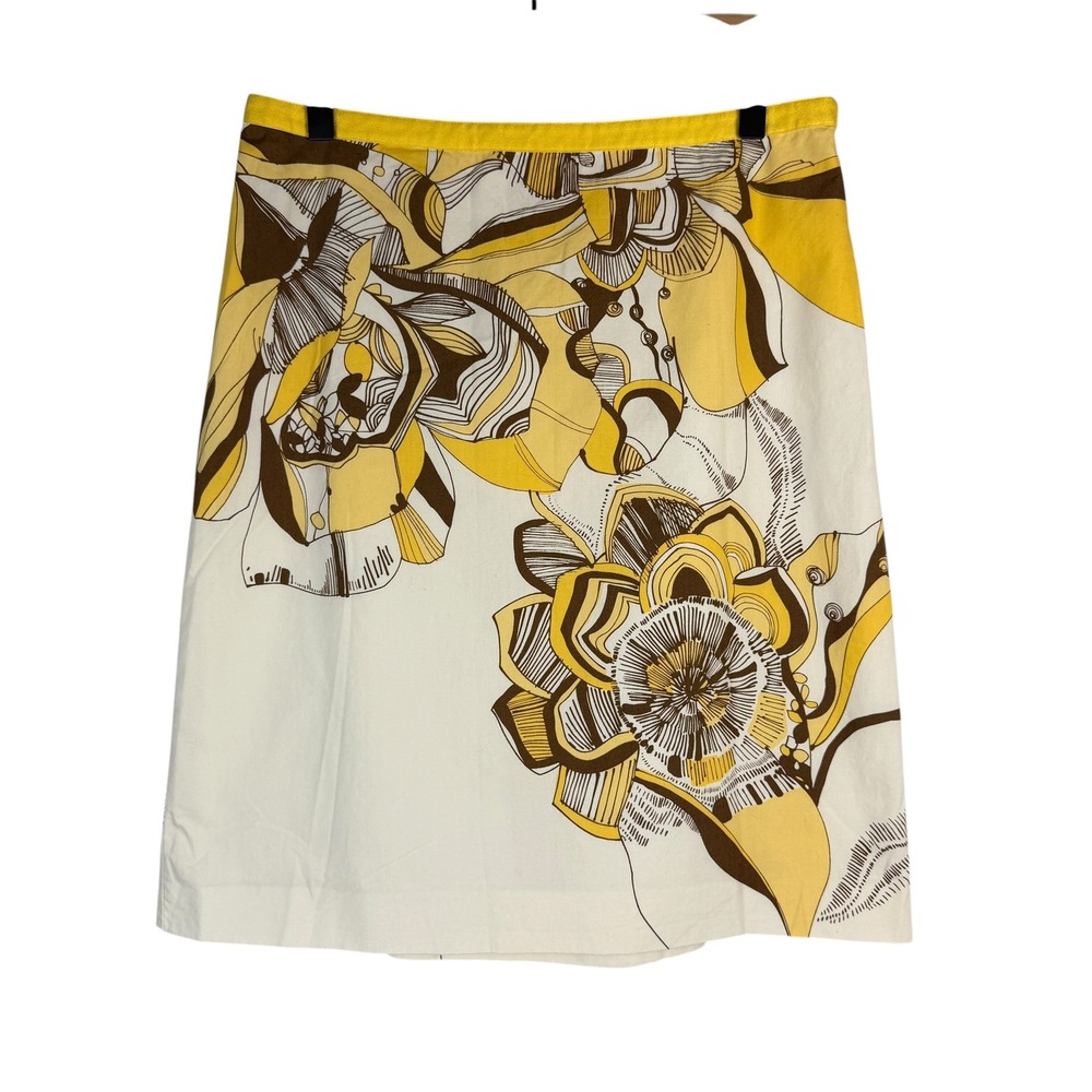 Ann Taylor Loft Skirt Womens 6 White Yellow Floral A-Line Cotton Retro Summer
